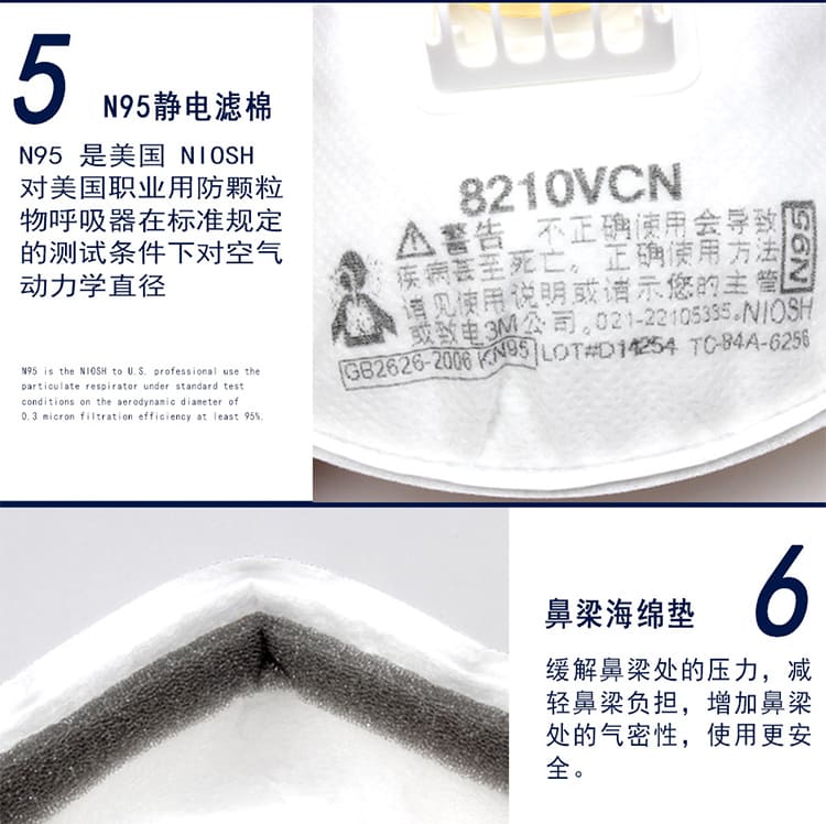 3M 8210VCN 防颗粒物口罩 （头带式、带呼吸阀、适合湿热环境或长时间重体力劳动使用、美国NIOSH N95认证和中国KN95认证）